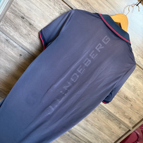 J.Lindeberg Dark Blue Polo Red Trim Men's S fair preworn condition see INFO - Picture 8 of 11